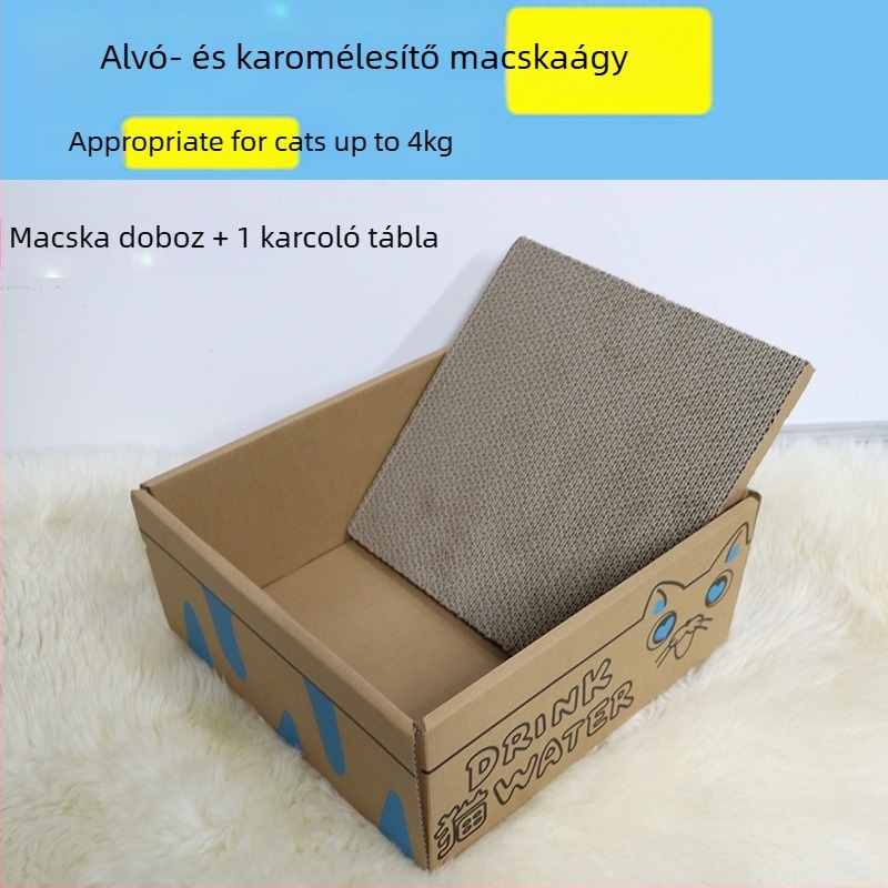 Beépített kaparófelülettel ellátott hullámkarton macskafészek, egész éves használatra.