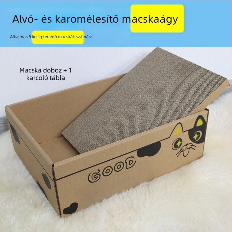 Beépített kaparófelülettel ellátott hullámkarton macskafészek, egész éves használatra.