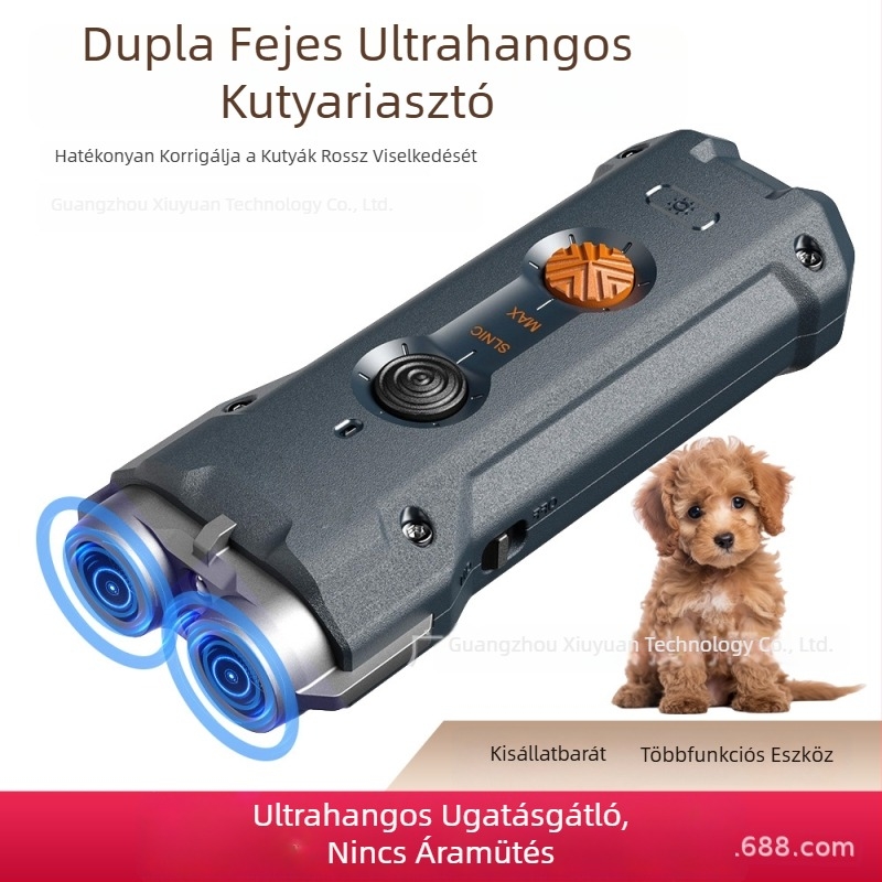 Kétfejű ultrahangos kutya-edző készülék, kültéri, hordozható, újratölthető, villogó fényjelzővel
