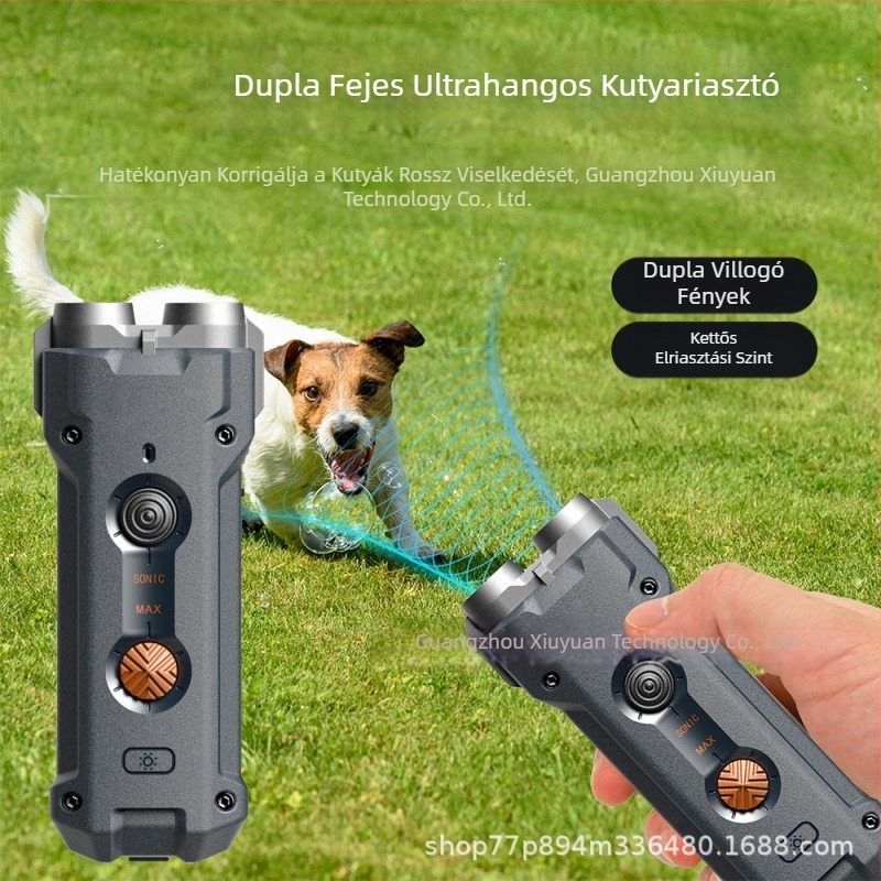 Kétfejű ultrahangos kutya-edző készülék, kültéri, hordozható, újratölthető, villogó fényjelzővel