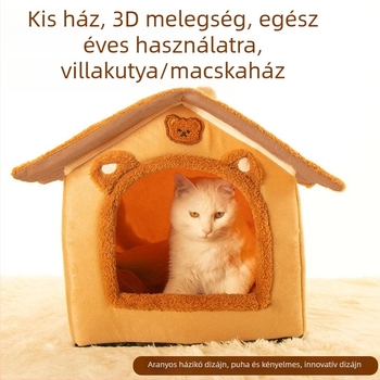Háziállatoknak készült ház alakú otthon, félig zárt kialakítás, téli meleg, fagytűrő és piszokálló, levehető és mosható