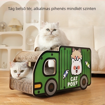 Macska karmoló tábla macska fészekkel – karcolásálló és kopásálló hullámkarton, rajzfilm témájú teherautó, macska mászókeret