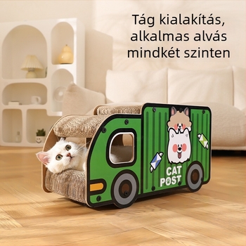 Macska karmoló tábla macska fészekkel – karcolásálló és kopásálló hullámkarton, rajzfilm témájú teherautó, macska mászókeret