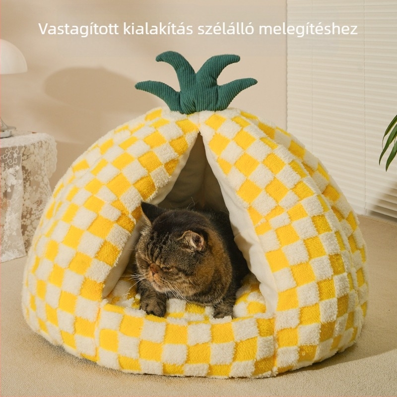 Meow Fairy Ananász formájú macskafészek – Szövet, Zárt kialakítás, Téli meleg, Négy évszakra alkalmas, Kézzel mosható