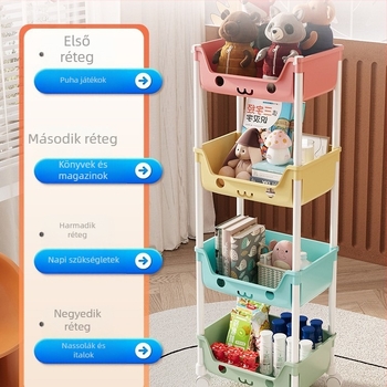 Öt szintes mobil tároló polc műanyagból, többfunkciós, görgőkkel és forgatható