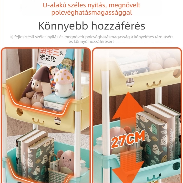 Öt szintes mobil tároló polc műanyagból, többfunkciós, görgőkkel és forgatható