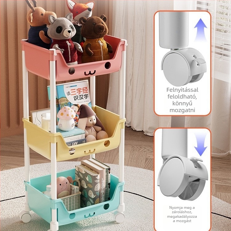 Öt szintes mobil tároló polc műanyagból, többfunkciós, görgőkkel és forgatható