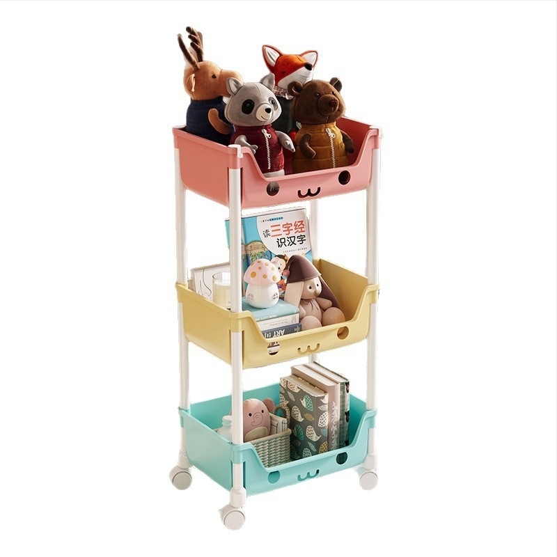 Öt szintes mobil tároló polc műanyagból, többfunkciós, görgőkkel és forgatható