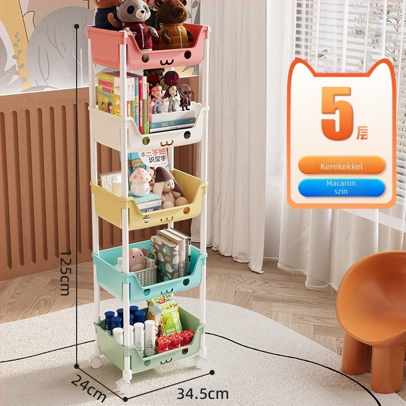 Öt szintes mobil tároló polc műanyagból, többfunkciós, görgőkkel és forgatható