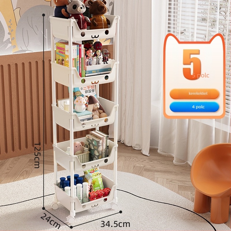 Öt szintes mobil tároló polc műanyagból, többfunkciós, görgőkkel és forgatható