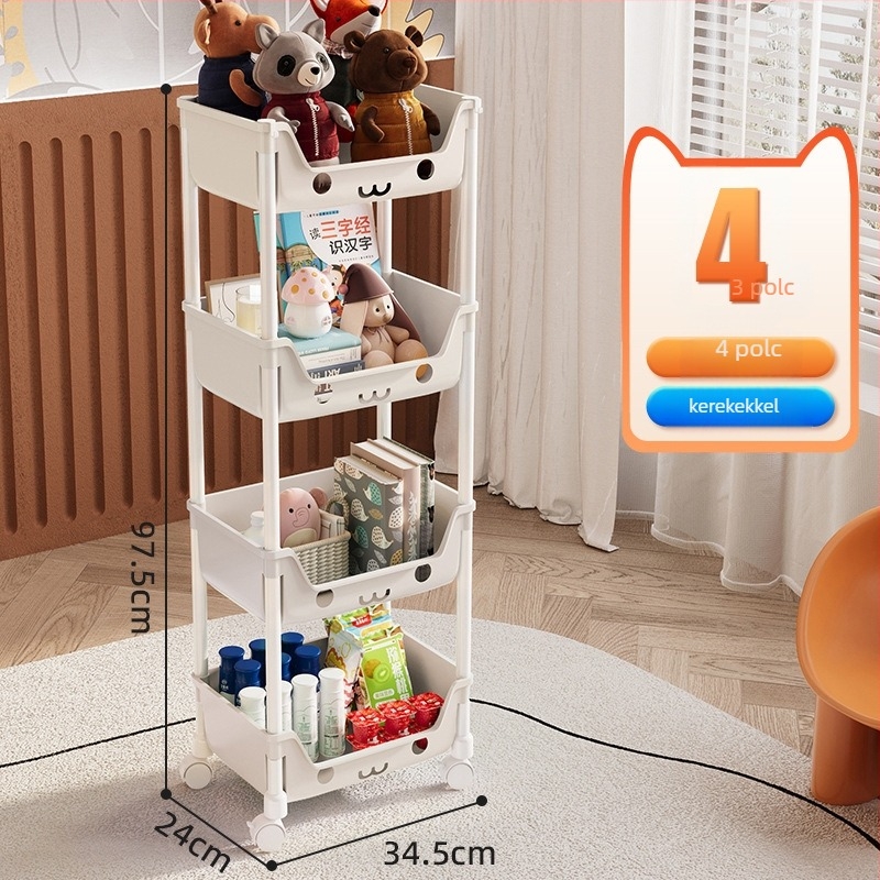Öt szintes mobil tároló polc műanyagból, többfunkciós, görgőkkel és forgatható