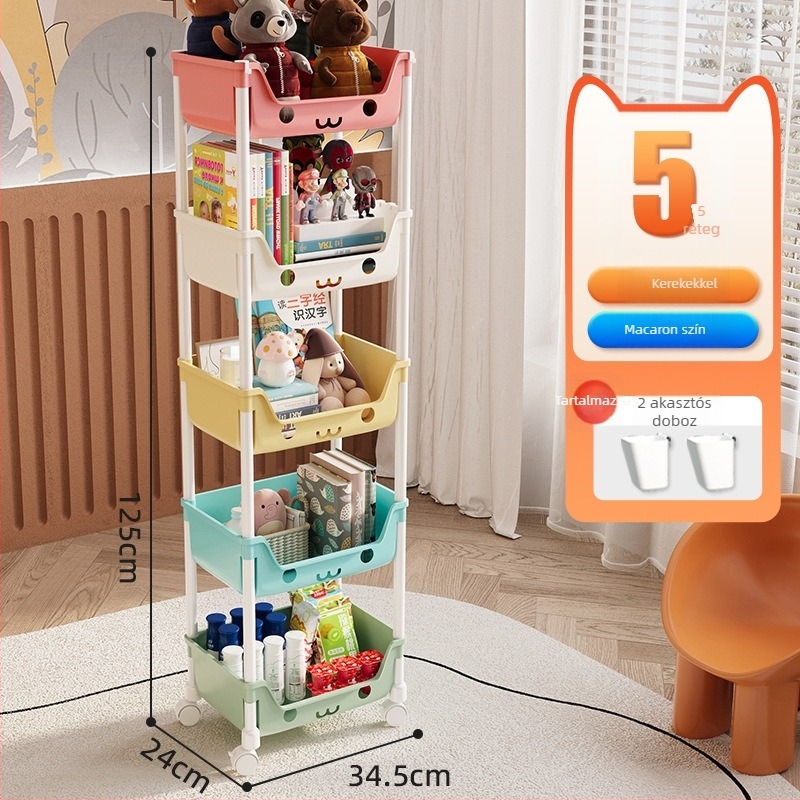 Öt szintes mobil tároló polc műanyagból, többfunkciós, görgőkkel és forgatható