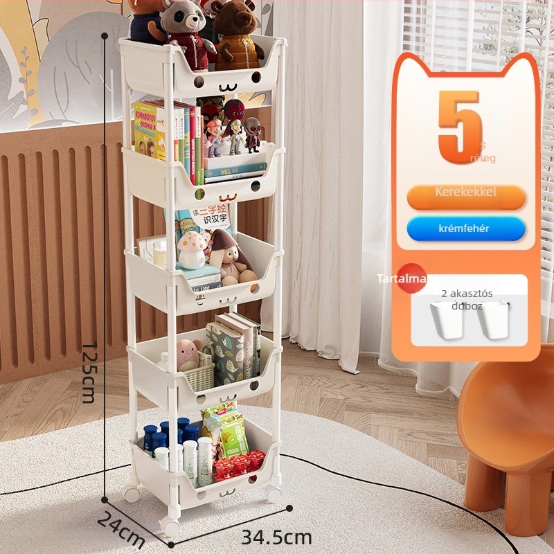 Öt szintes mobil tároló polc műanyagból, többfunkciós, görgőkkel és forgatható