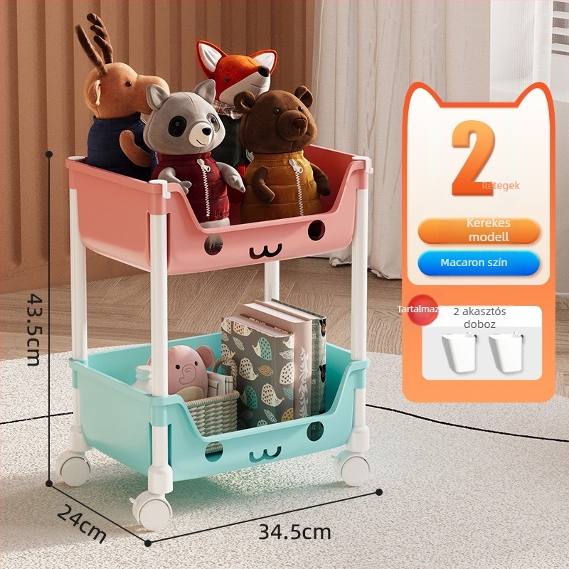 Öt szintes mobil tároló polc műanyagból, többfunkciós, görgőkkel és forgatható