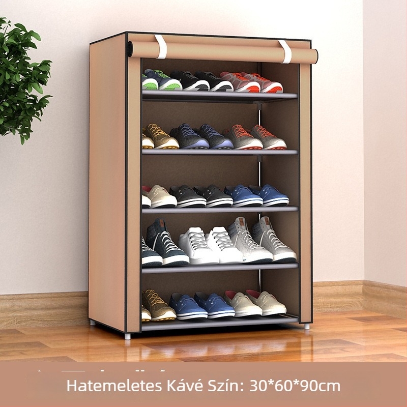 5-szintes fém cipősszekrény porvédett, netszövött textil tárolóval – modern, minimalist stílus