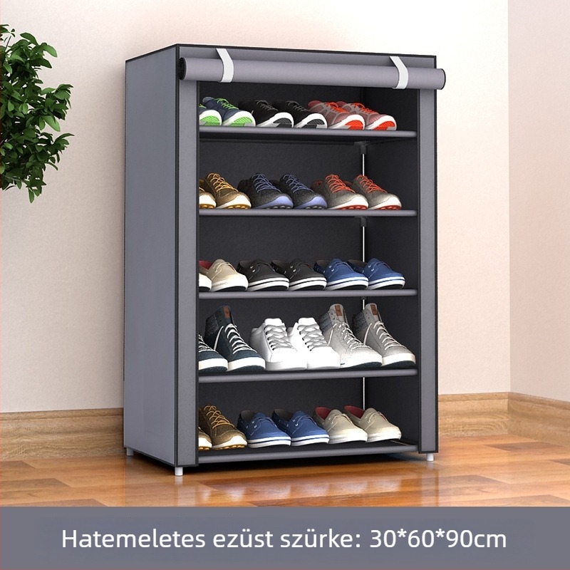 5-szintes fém cipősszekrény porvédett, netszövött textil tárolóval – modern, minimalist stílus