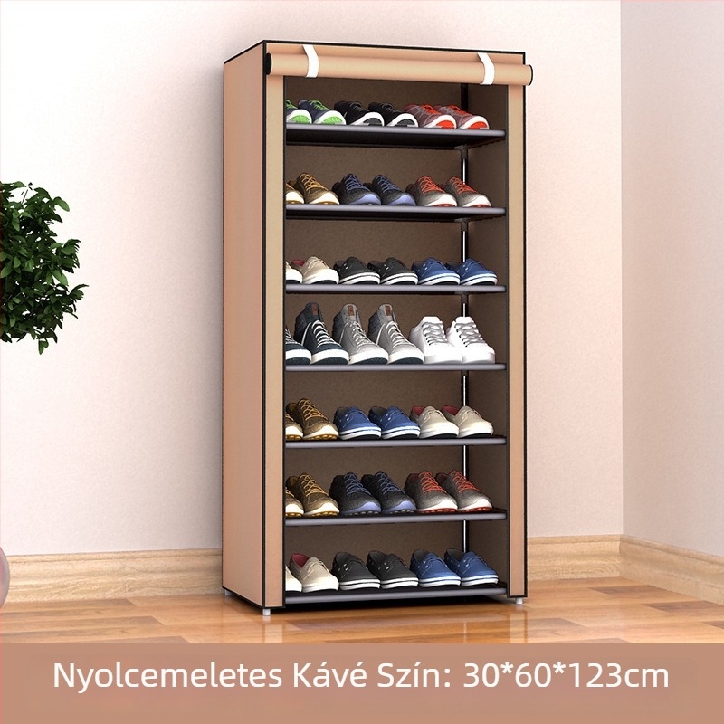 5-szintes fém cipősszekrény porvédett, netszövött textil tárolóval – modern, minimalist stílus