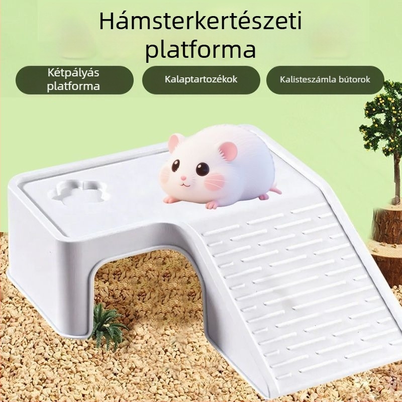  Hörcsög élőhely két szintes platformával, terasszal és menedékházzal, lépcsőkkel, beltéri használatra, könnyen tisztítható