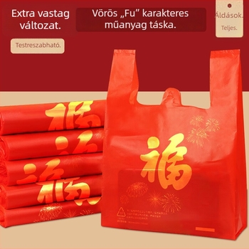 Fu szimbólummal ellátott műanyag bevásárló táska, extra vastag, mellény-stílus, ünnepi használatra, testreszabható, logó nélkül