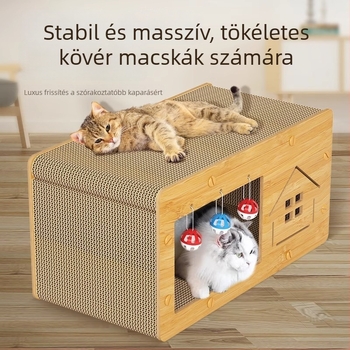 Nagy méretű macska karmoló deszka integrált odúval és mászó kerettel, kopásálló, hullámkartonból