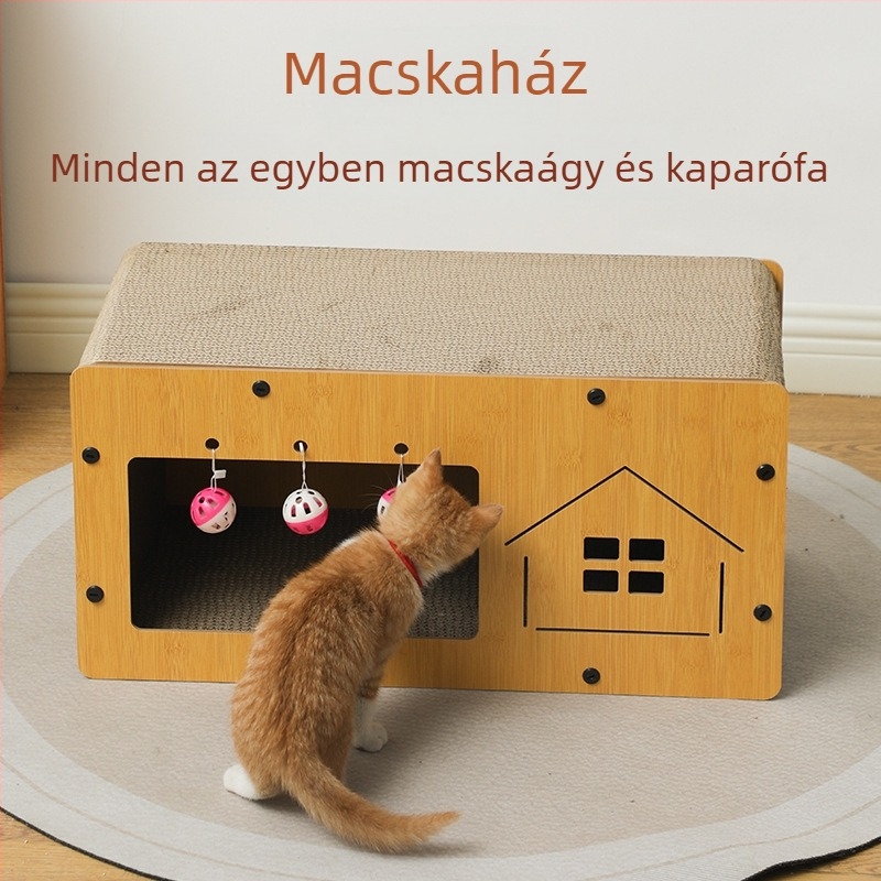 Nagy méretű macska karmoló deszka integrált odúval és mászó kerettel, kopásálló, hullámkartonból