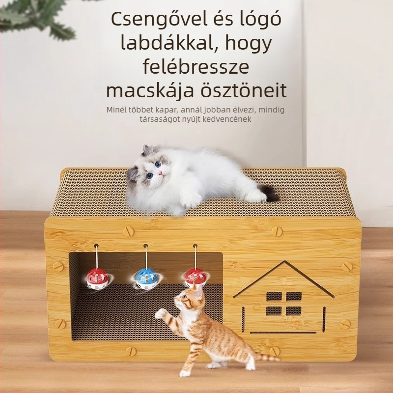 Nagy méretű macska karmoló deszka integrált odúval és mászó kerettel, kopásálló, hullámkartonból