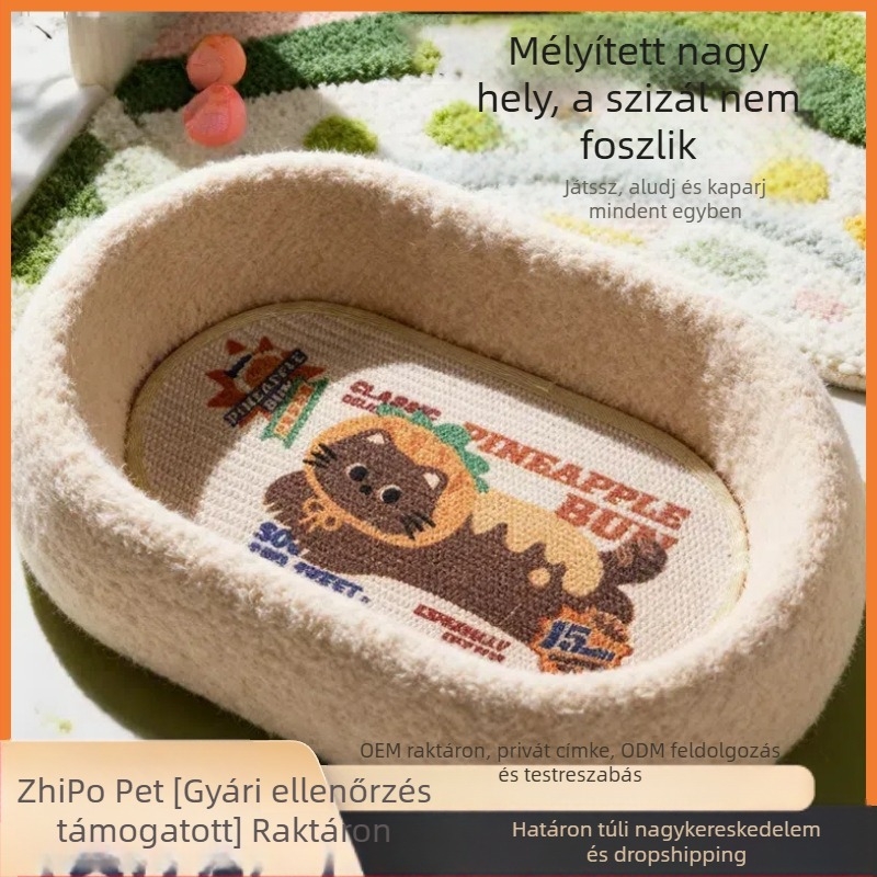 Szizál macska karmoló tábla, kopásálló és szöszmentes felülettel, extránagy integrált macskafészek, egész éves használatra, mélyített karmágy, macskákhoz való kiegészítők