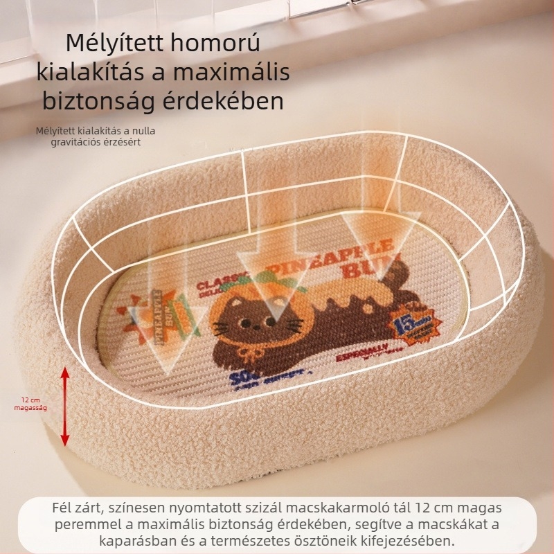 Szizál macska karmoló tábla, kopásálló és szöszmentes felülettel, extránagy integrált macskafészek, egész éves használatra, mélyített karmágy, macskákhoz való kiegészítők
