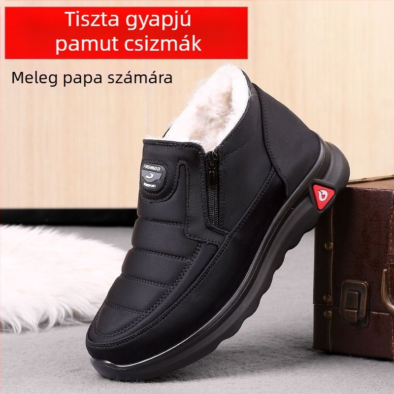 Férfi téli magas szárú bakancs meleg gyapjú belsővel, csúszásmentes gumitalppal, Slip-On záródás