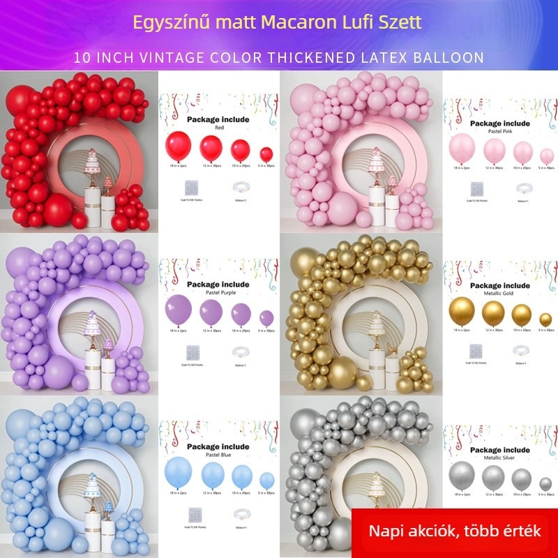 Latex léggömb készlet esküvői és születésnapi dekorációhoz — matt makaron felület, kerek léggömbök, logózott, ív-készlet