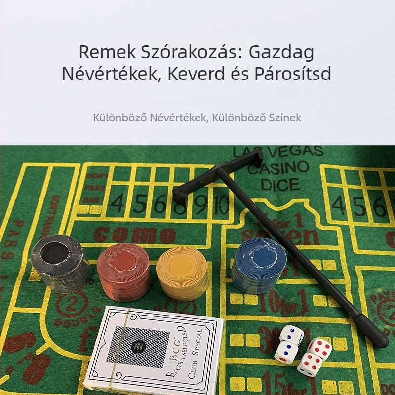 Öt az egyben zsetonkészlet játékhoz: zsetonok fémdobozban, 4 g-os zsetonok, pókerasztalra való asztalterítő, osztó zseton készlet.