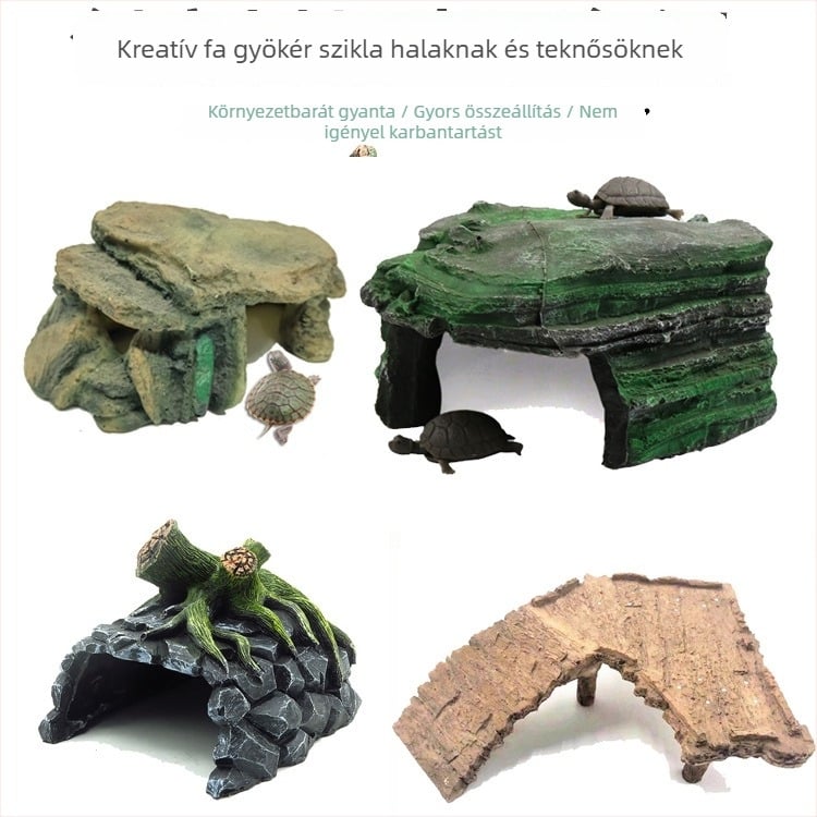 Gyanta teknős bonsai dekoráció mohás mikro tájjal – napozó és mászó platformok, fatörzs, rejtekhely, 30 darabos készlet