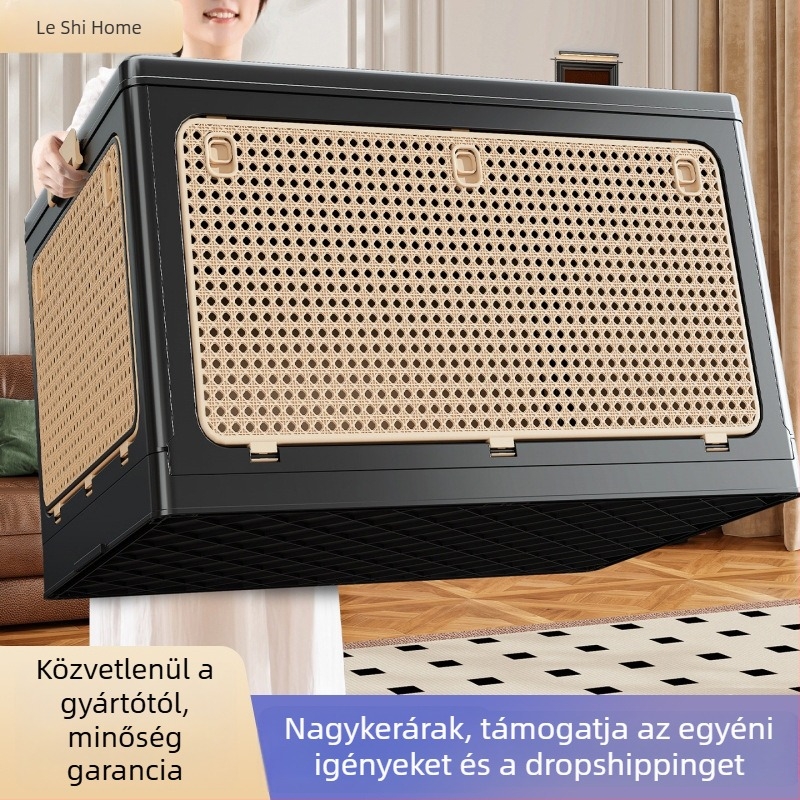 Összecsukható műanyag tároló doboz, 100-150 L kapacitás, PP anyag, kerekekkel hordozható, többfunkciós szervező