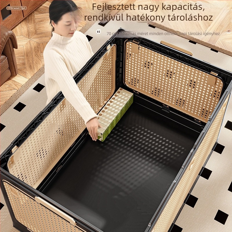 Összecsukható műanyag tároló doboz, 100-150 L kapacitás, PP anyag, kerekekkel hordozható, többfunkciós szervező