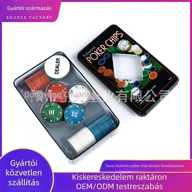 Texas Hold'em póker zsetonok készlet – 100 darab PS anyagú zseton, fémdobozban