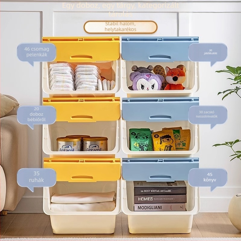Előre nyíló háztartási tároló doboz — nagy kapacitású, PP-plasztik, 100% új anyag, többfunkciós a játékok, könyvek és ruhák számára, por- és nedvességálló