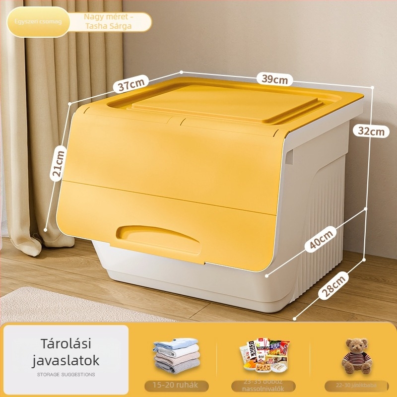 Előre nyíló háztartási tároló doboz — nagy kapacitású, PP-plasztik, 100% új anyag, többfunkciós a játékok, könyvek és ruhák számára, por- és nedvességálló