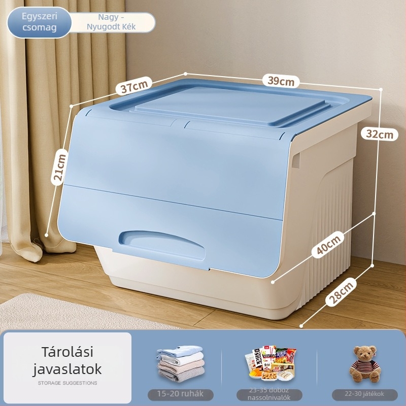 Előre nyíló háztartási tároló doboz — nagy kapacitású, PP-plasztik, 100% új anyag, többfunkciós a játékok, könyvek és ruhák számára, por- és nedvességálló