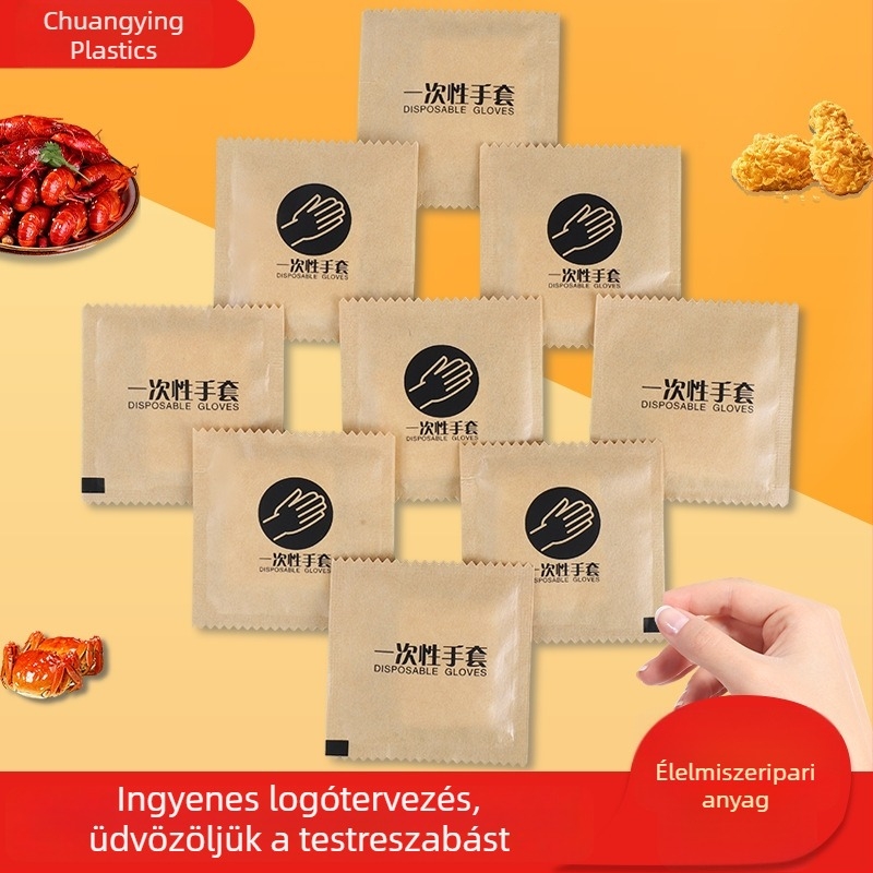 Egyszer használatos PE műanyag kesztyűk, egyenként csomagolva, erősített filmmel a cateringhez és a kiszállításhoz, kraft papír csomagolás