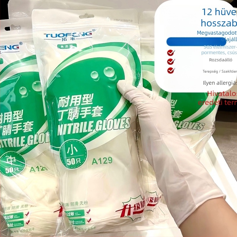 Egyszer használatos nitril kesztyűk, 29 cm hosszú, vastagított, vízálló és olajálló, élelmiszer-feldolgozásra, kozmetika, háztartás és laboratóriumi használatra
