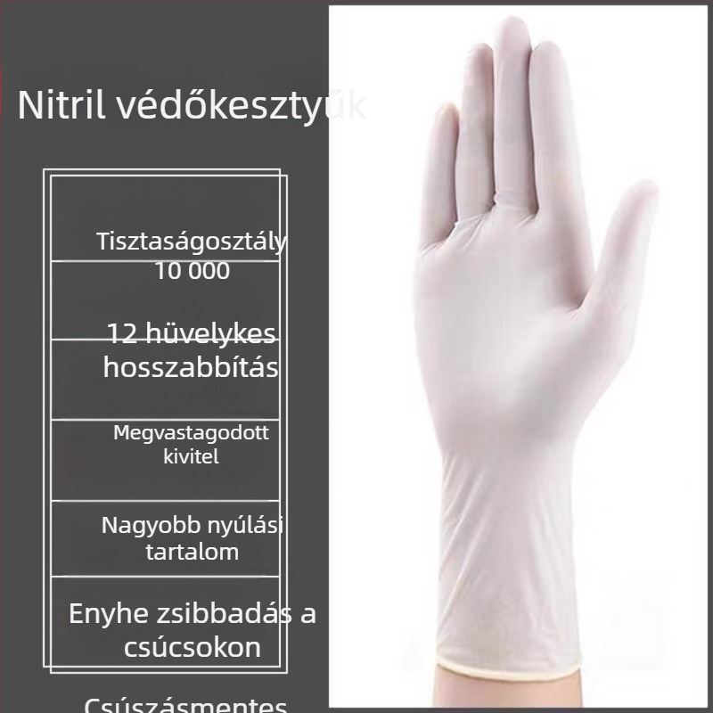 Egyszer használatos nitril kesztyűk, 29 cm hosszú, vastagított, vízálló és olajálló, élelmiszer-feldolgozásra, kozmetika, háztartás és laboratóriumi használatra
