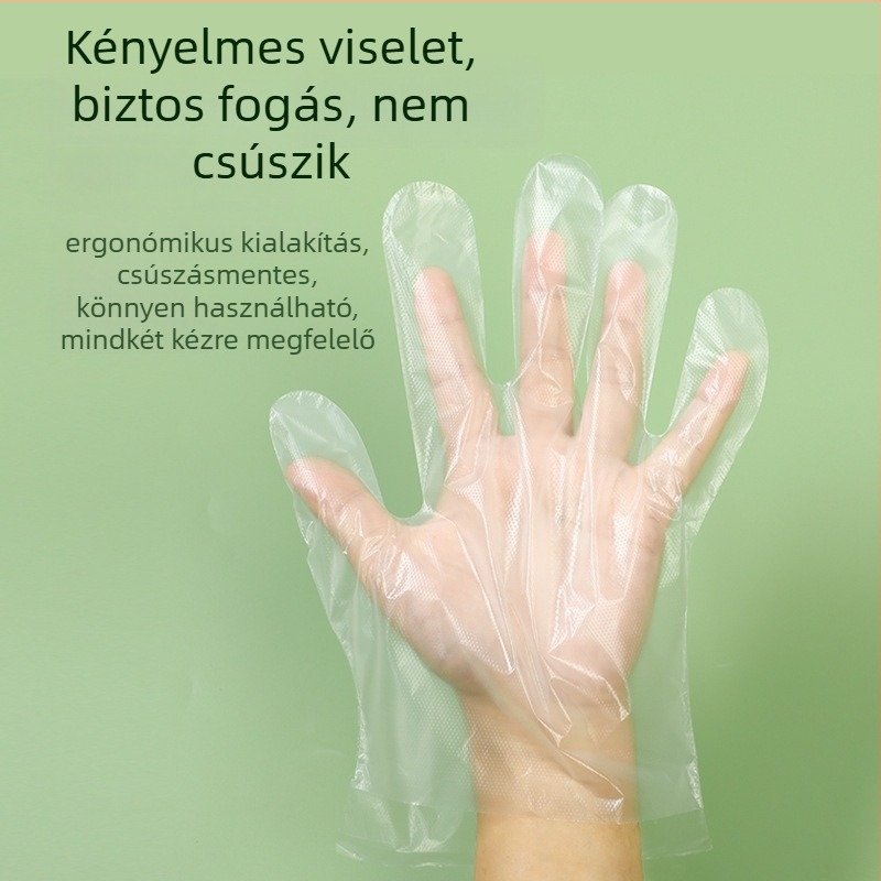 Egyszer használatos kesztyű, kihúzható típusú, élelmiszer-PE, átlátszó, vastagított, kopásálló, 0,2–0,3 mm vastagság