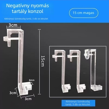 Akvarisztikai felszerelés: műanyagból készült negatív nyomású hengert rögzítő rendszer, átlátszó derékszögű tartó és függesztő keret; tömeg 35 g, termékkód 5051, márka Plastic qianyao