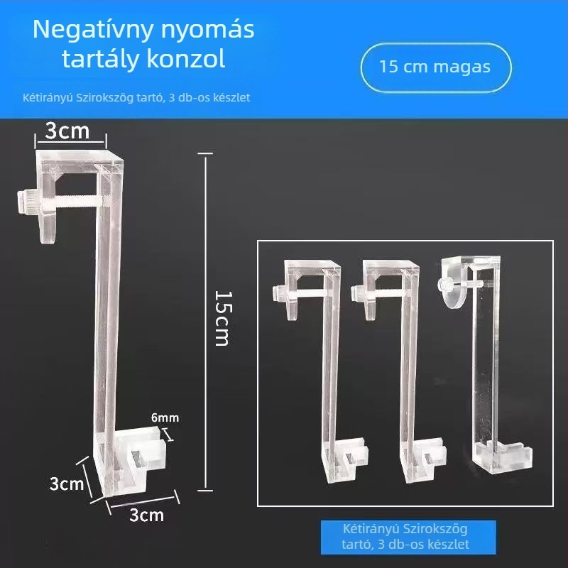 Akvarisztikai felszerelés: műanyagból készült negatív nyomású hengert rögzítő rendszer, átlátszó derékszögű tartó és függesztő keret; tömeg 35 g, termékkód 5051, márka Plastic qianyao