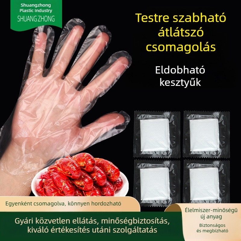 Egyszer használatos, átlátszó polietilén kesztyűk, egyenként csomagolva, vastagított kivitel, univerzális méret, élelmiszert szállításhoz és cateringhez