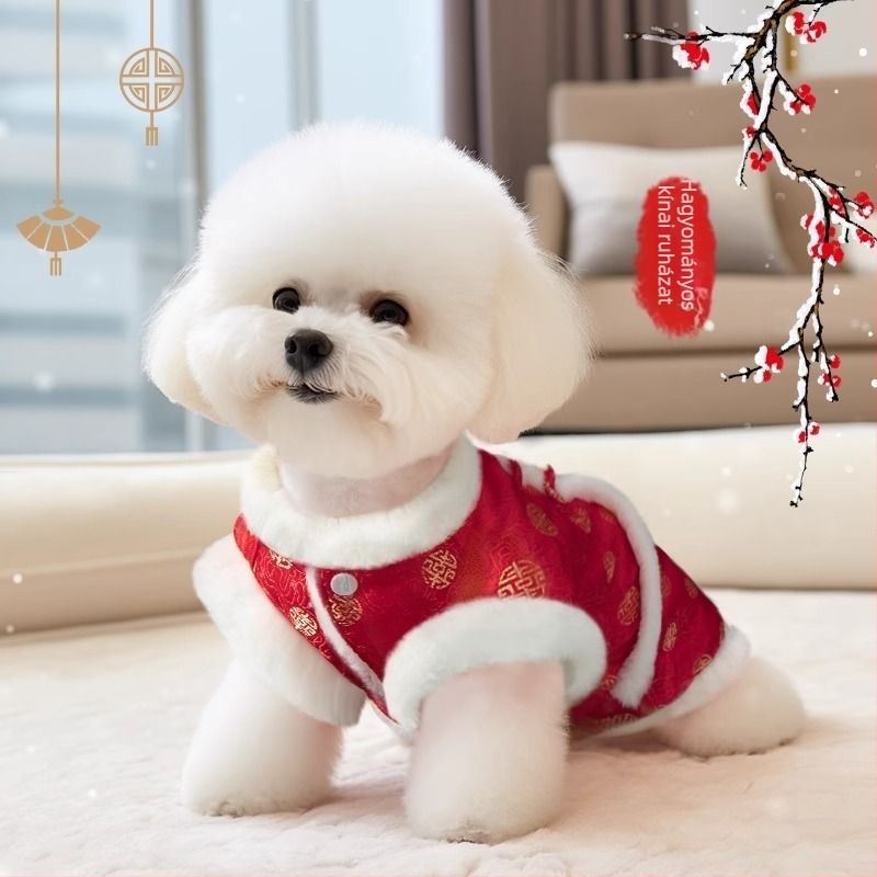 Tang-stílusú kutyavesta újévi ünnepi viselet – őszi–téli meleg ruházat kistestű fajtákhoz (pudli, Bichon Frisé, schnauzer, yorkshire terrier)