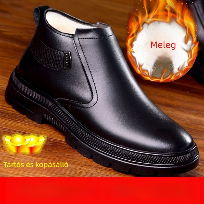Férfi téli otthoni papucs bőrből, gyapjú béléses, magas felső, vastag talpú, csúszásmentes