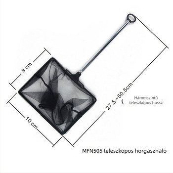 Teleszkópos rozsdamentes acél akváriumi háló, kinyújtható 275–505 mm vagy 330–600 mm, súly 0,1 kg.
