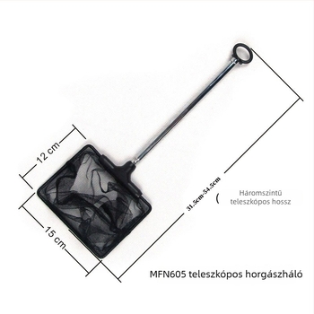 Teleszkópos rozsdamentes acél akváriumi háló, kinyújtható 275–505 mm vagy 330–600 mm, súly 0,1 kg.