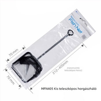 Teleszkópos rozsdamentes acél akváriumi háló, kinyújtható 275–505 mm vagy 330–600 mm, súly 0,1 kg.